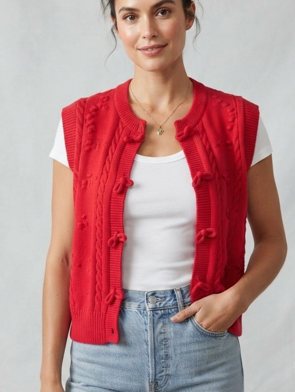Vintage Handmade Red Cable Knit Sweater Vest | Frog Button Cardigan